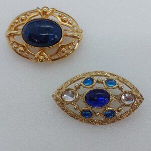 2 Vintage Gold Tone Brooch Pin Blue Stone Costume Jewelry